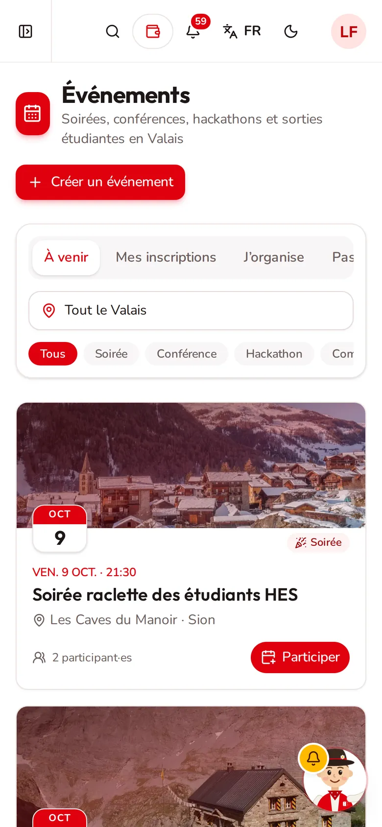 Valais Connect sur mobile : événements étudiants