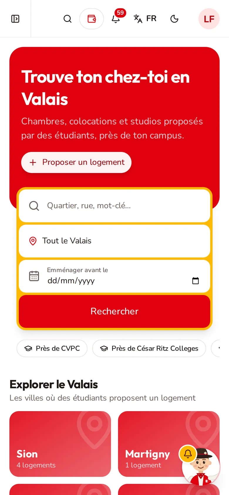 Valais Connect sur mobile : recherche de logement