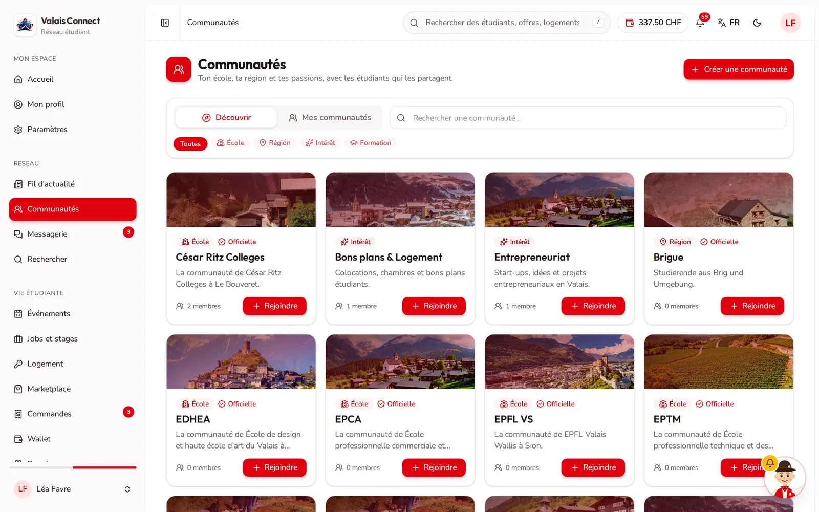 Valais Connect : page des communautés par école, région et intérêt