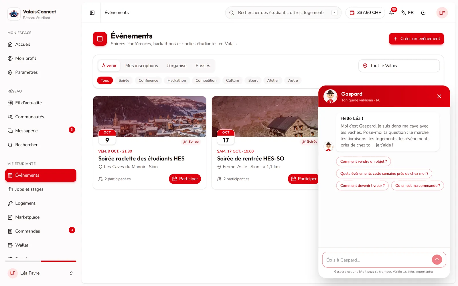Valais Connect : l'assistant Gaspard ouvert sur la page des événements