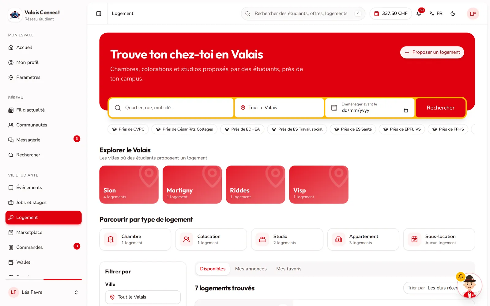Valais Connect : recherche de logements étudiants par ville et par campus
