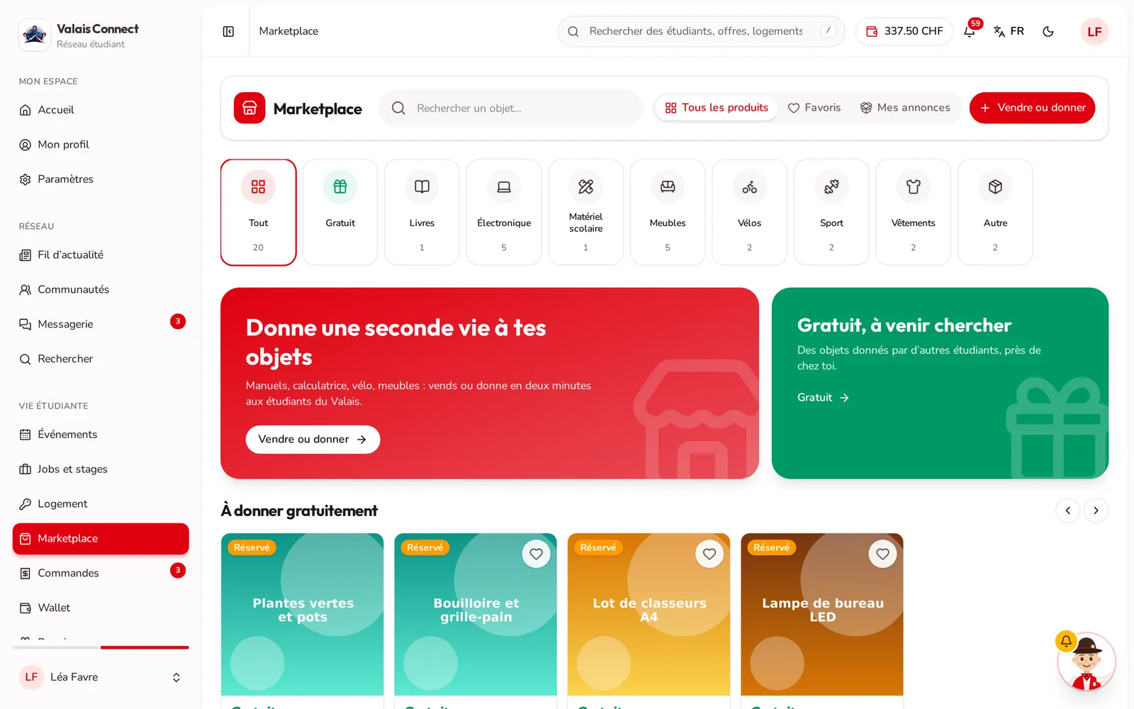 Valais Connect : marketplace étudiante, objets à vendre ou à donner