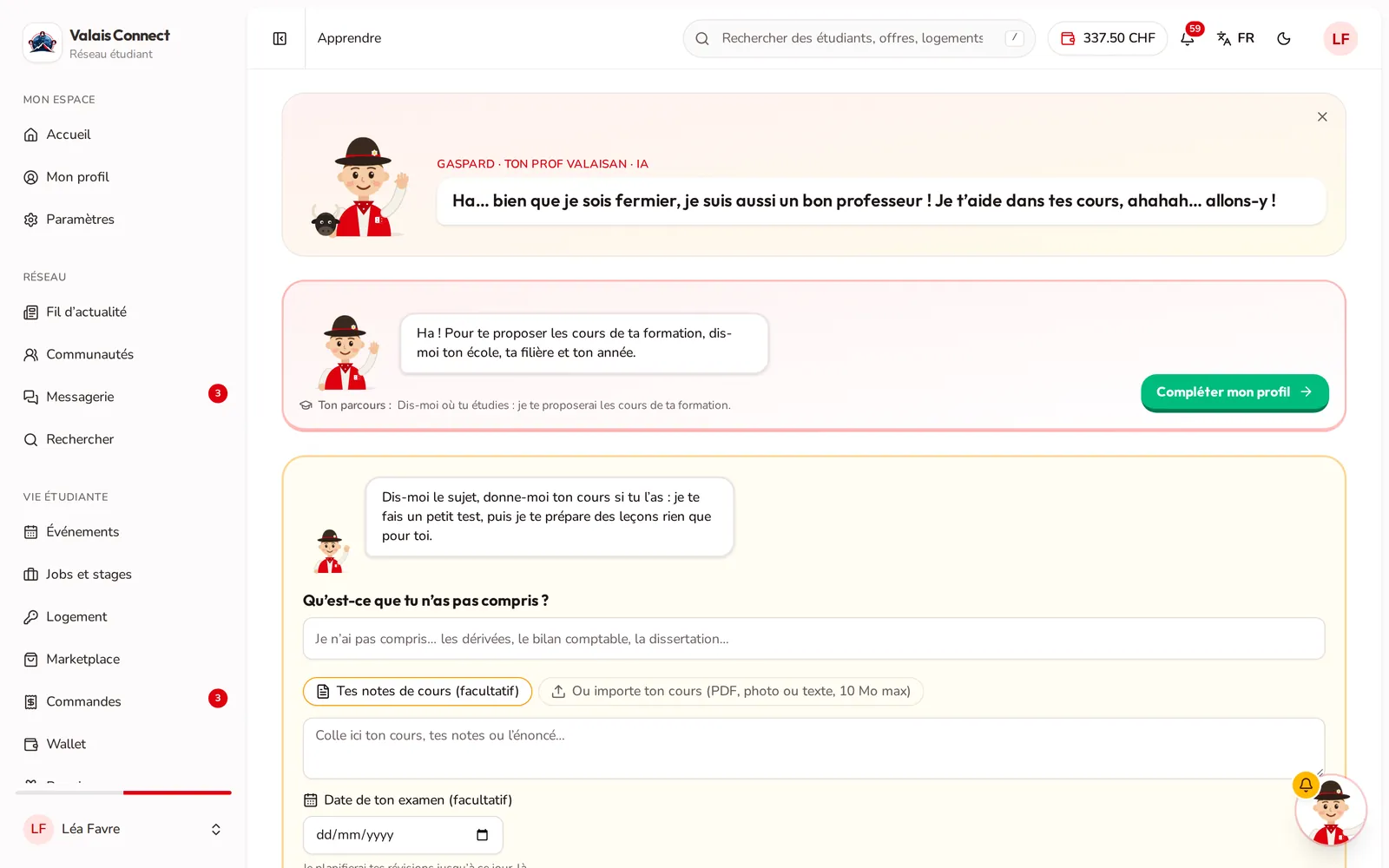 Valais Connect : le tuteur IA Gaspard dans la section Apprendre