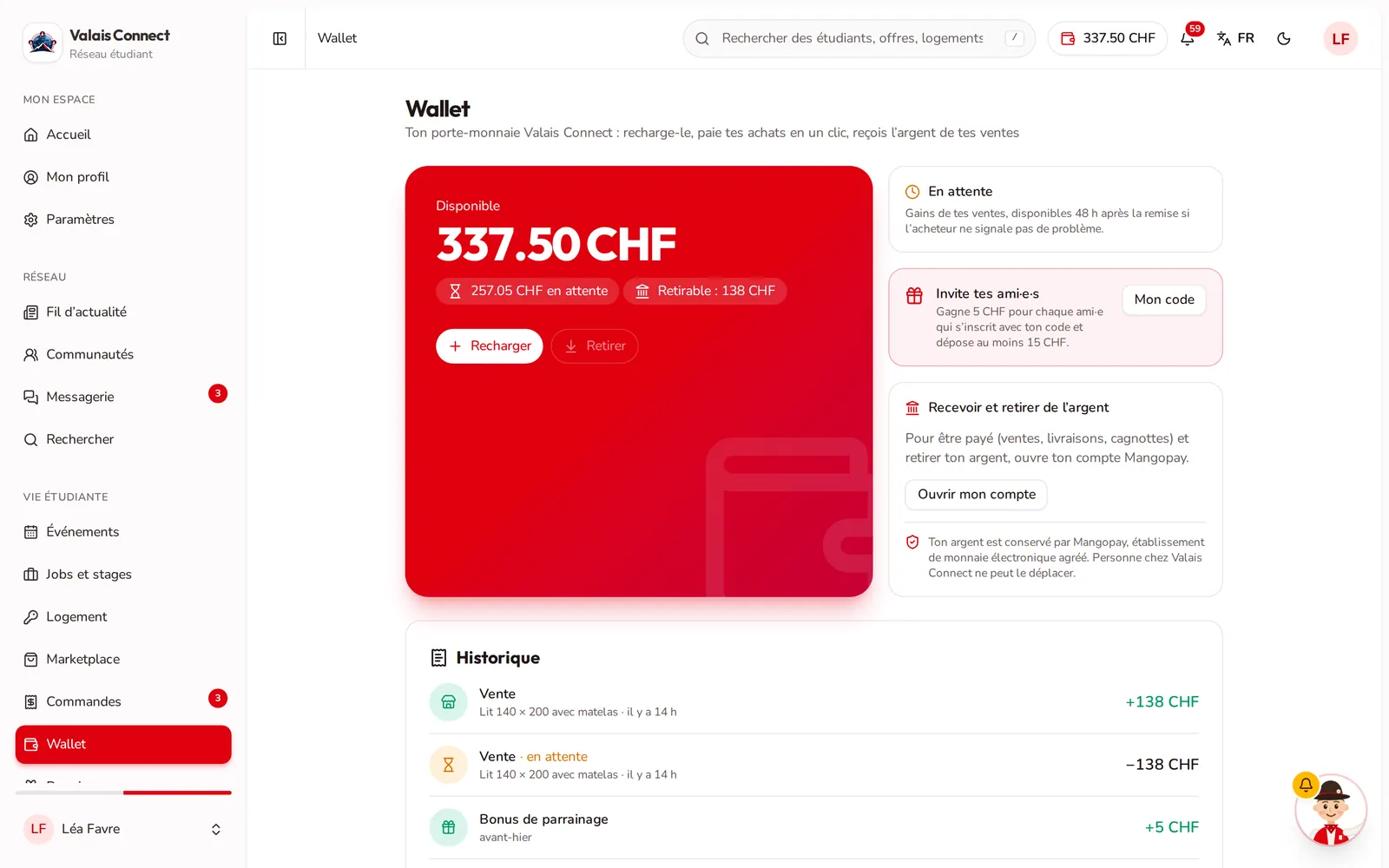 Valais Connect : porte-monnaie et historique des transactions