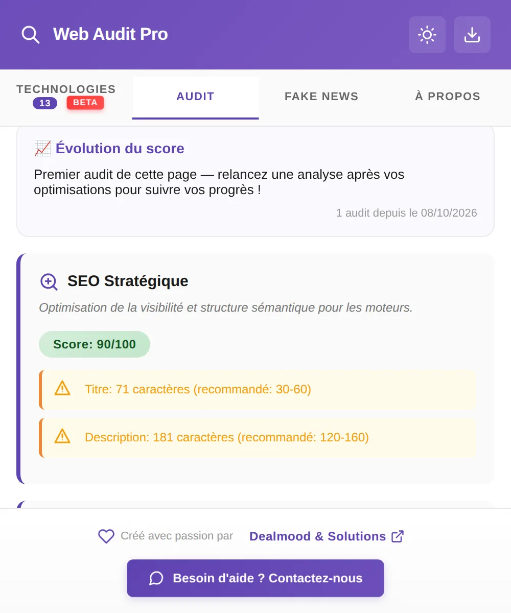Web Audit Pro : analyse SEO avec recommandations sur le titre et la description