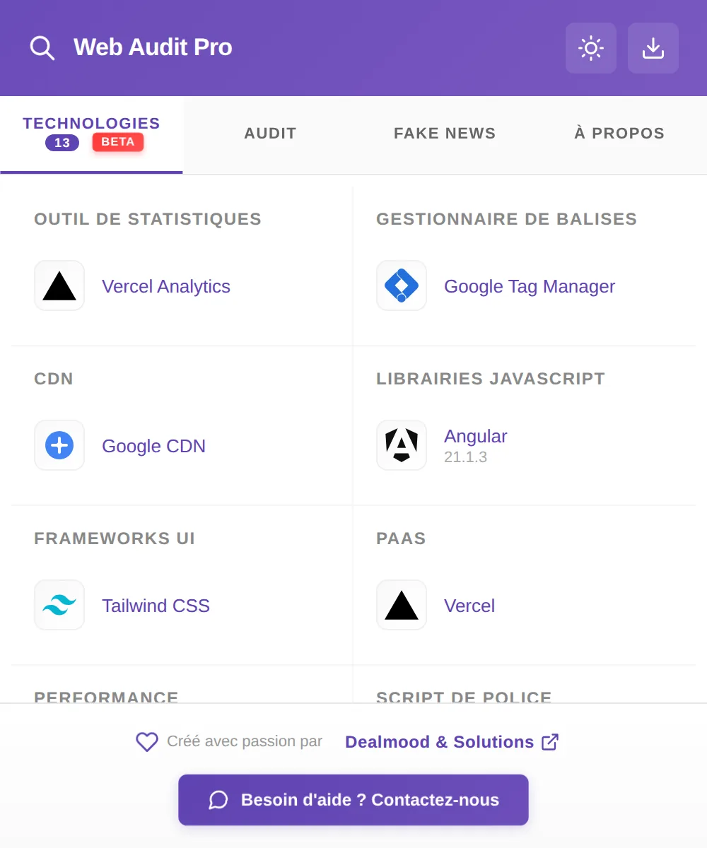 Web Audit Pro : technologies détectées sur dealmood-solutions.com (Angular, Tailwind CSS, Vercel…)